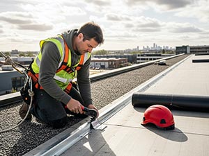 Commercial-Roofing-Contractors-Butte-MT-Montana-2 | Schrock Roofing Construction worker on a rooftop in a high-visibility vest, tightening flashing as a red hard hat sits nearby.